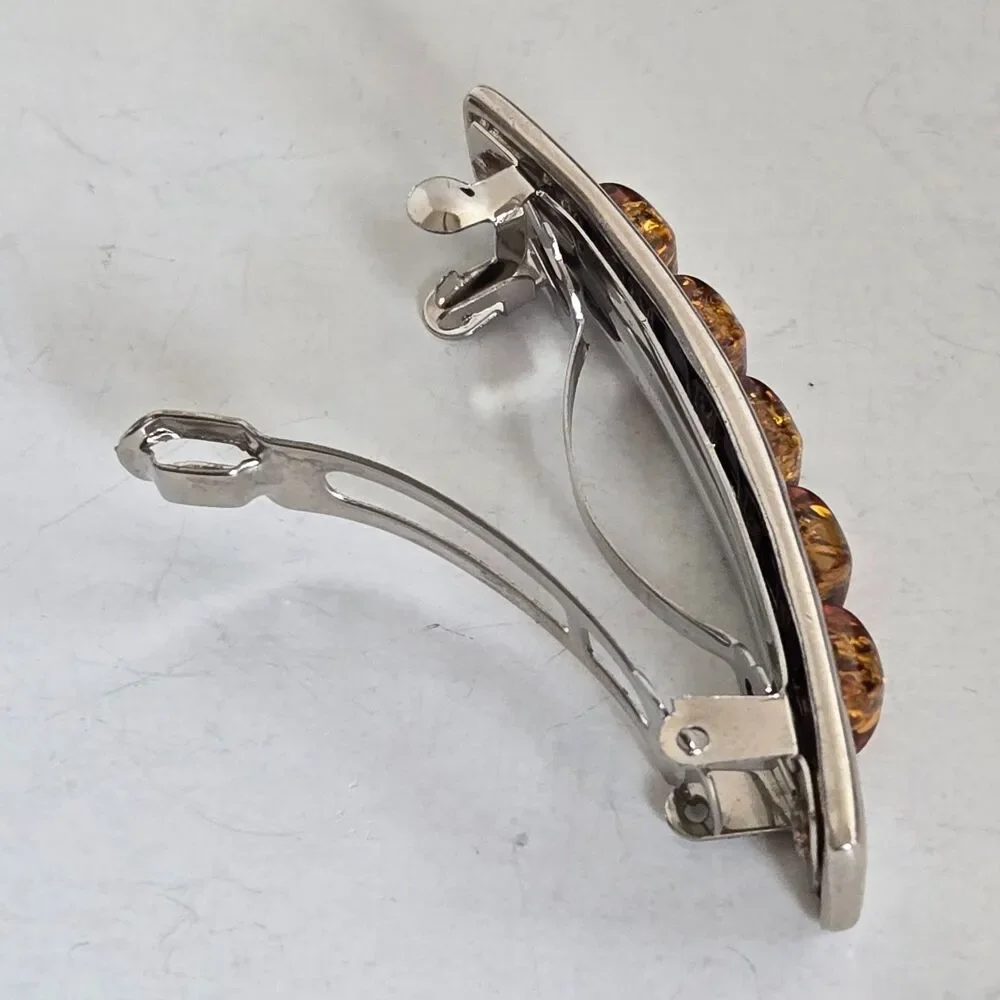 Vtg Genuine Baltic Amber French Barrette Hair Clip Cognac Square Mosaic 2.25
